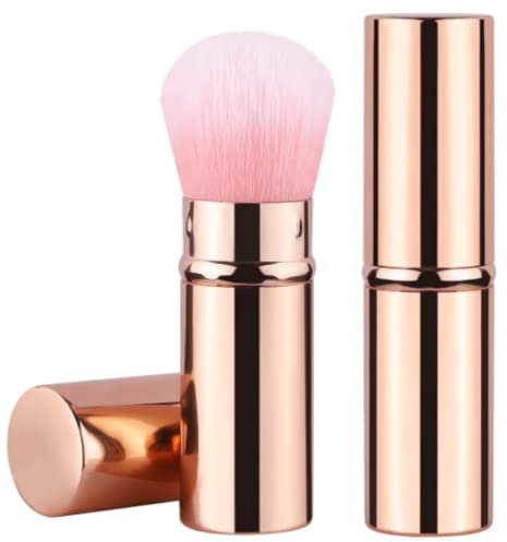 Pinceau de maquillage rétractable télescopique pour le visage - Pinceau Kabuki rond pour poudre de maquillage de voyage - Pinceau de maquillage portable pour fond de teint, blush (rose doré)