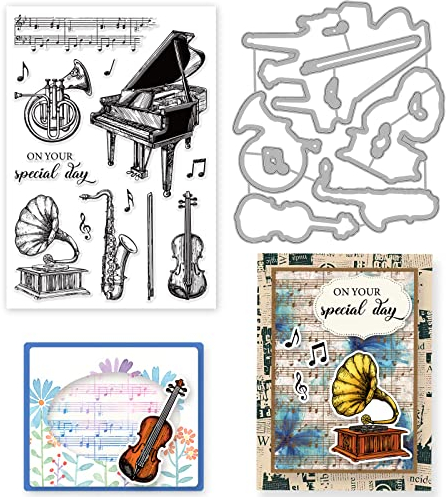 ORIGACH Musikinstrumente Transparenter Stempel und Matrizen für die Kartenherstellung Musikpartitur Matrizen und Stempel Set für DIY Scrapbooking Album
