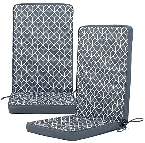 Bean Bag Bazaar Veeva Outdoor High Back Seat Pad, Geometric Grey, Set of 2, Garden Chair Seat Cushion with Fibre Fill Included, Water-Resistant, Cushions with ties for Chair, Garden, Patio Furniture