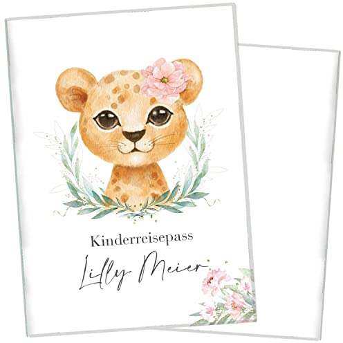 cozy racoon NEU Reisepasshülle für Kinder | Hochwertige Hülle für den Reisepass Deines Kindes |Design Löwen Mädchen (mit Name/mit Personalisierung)