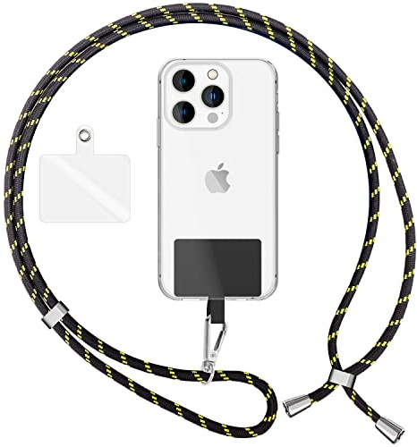NALIA Bunte Universal-Kette mit Pad, Band für Handy-Hülle zum Umhängen, Karabinerhaken Anhänger Metall, Schlüsselband Umhängeband 160 cm, Crossbody Lanyard mit Schlaufe, Farbe:Schwarz Gelb