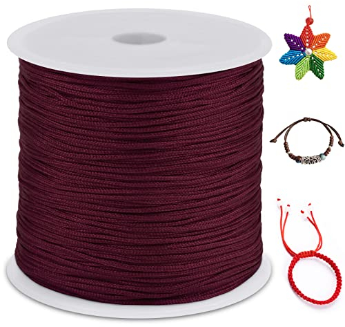 LEREATI Nylonschnur 0.8mm x 100m Nylonfaden Nylon Perlenschnur Satinkordel, Makramee Schnur Nylonschnur für Armbänder Perlen Auffädeln Halskette Schmuckherstellung DIY Handwerk (Weinrot)