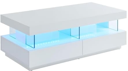 Vente-unique - Table Basse 2 tiroirs et 2 niches avec LEDs - MDF et Verre trempé - Blanc laqué - Fabio II
