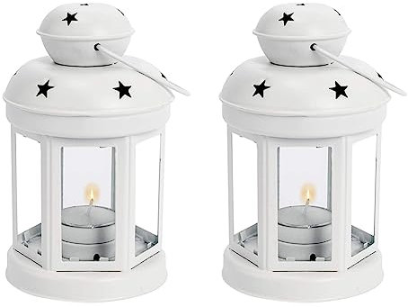Speesy - Lote de 2 farolillos de vela colgante de metal vintage, candelabro para bodas, fiestas de cumpleaños, color blanco