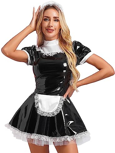 MSemis 3Pcs Damen Kostüm Dienstmädchen Lack Leder Kleid Lolita Cosplay Uniform Dessous Set Minikleid, Satin Schürze, Halsband Clubwear Gr. S-XL Schwarz L 4XL