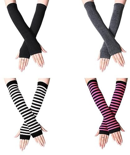 VEGCOO 4 Pairs Long Fingerless Gloves for Women, Stretchy Knitted Fingerless Glovesthumb Hole Arm Warmers Long Gloves (Red)