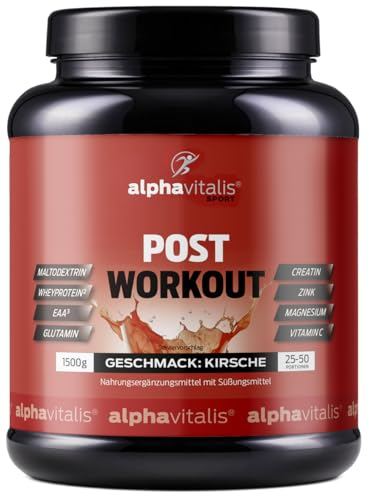 POST WORKOUT Shake - 1500g Kirsche - mit Maltodextrin - Whey Protein Pulver - EAA (essentielle Aminosäuren), Creatin Monohydrat, L-Glutamin, Magnesium uvm. - Sportgetränk - Made by alphavitalis