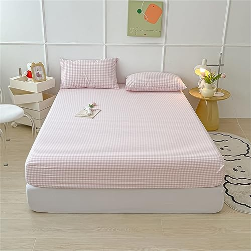 Mateju Plaid Spannbettlaken mit 2 Kissenbezug für Einzelbett und Doppelbett, Weiche Mikrofaser Kariert Spannbetttuch für Boxspringbett, Tiefe Tasche für bis 20cm Matraze (120x200cm,Hell-Pink)