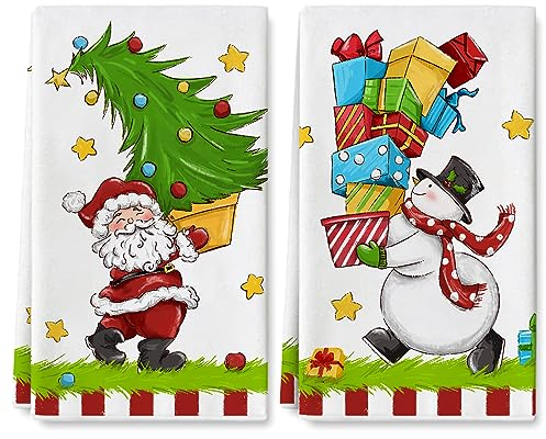 AnyDesign Geschirrtuch mit Weihnachtsmotiv, Rot, Grün, Cartoon-Weihnachtsmann, Schneemann, Geschirrtuch, für den Winter, Urlaub, Kochen, Backen, Reinigung, Wischen, 45,7 x 71,1 cm, 2 Stück