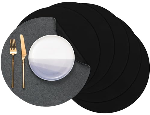 Banchif Tischsets abwaschbar doppelseitig Platzset Platzdecken abwaschbar | Platzsets abwaschbar Rund 6er Set doppelseitige Tischsets Leinenimitat maschinenwaschbar Platzdecken (Grau-Schwarz)