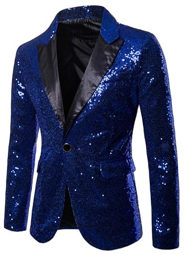 Acrawnni Herren-Blazer mit Pailletten, Revers, glänzende Jacke, Blazer, Ein-Knopf-Smoking für Party, Hochzeit, Bankett, Weihnachten, Nachtclub, A-Blau, XXL