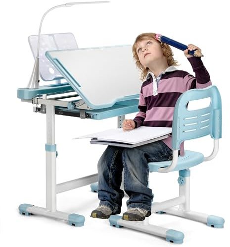 Rengue Kids Desk and Chair Set, Height Adjustable Children School Functional Study Desk with 55° Tiltable Desktop, 3 Modes & Brightness LED Light, Storage Drawer & Metal Hook for Boys Girls (Blue)