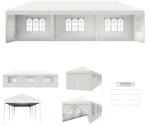 Aufun Pavillon Partyzelt 3x9 m Wasserdicht Festzelt Bierzelt Gartenzelt Outdoor Gartenpavillon UV Schutz mit 8 abnehmbaren Seitenwänden & Dach Winterfest Camping Zelt- Weiß