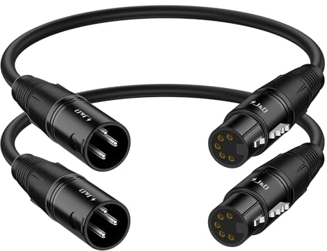 J&D XLR Male to Female Cable - 3 Pin to 5 Pin, 30 cm Stage Turnaround, 2-Pack