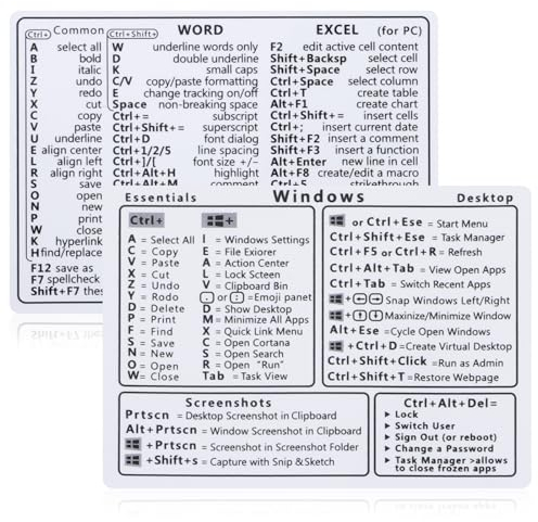 GEEHUA 2 Stück 8.5x6cm/3.34x2.36in Laptop Shortcuts Aufkleber, Word/Excel Kurzanleitung Tastaturkürzel Aufkleber Notebook PVC Tastaturkürzel Aufkleber für jeden PC Laptop oder Desktop(Weiß)