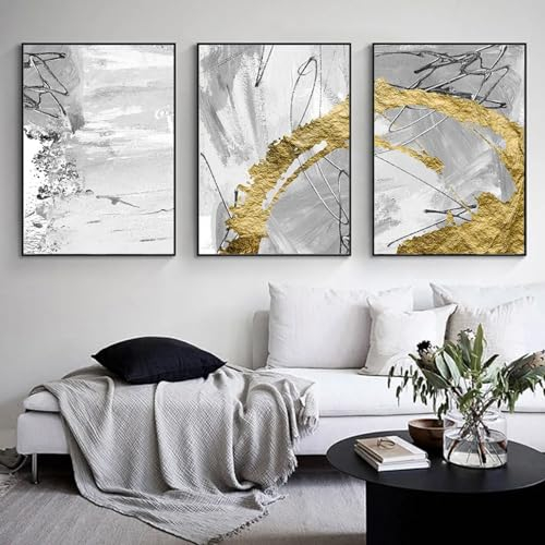 ZMFBHFBH Abstrakte graue Tinte, Leinwandgemälde, Hausdekoration, Golden Blush, Drucke, Poster und druckbare Wandkunstbilder, 80 x 100 cm (31 x 39 Zoll) x 3, mit schwarzem Rahmen