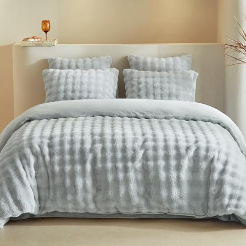 Tokokimo Housse de Couette Peluche 220x240 avec 2 Taies d'oreiller 65x65 cm - Chaud Hiver Moelleux Fourrure de Lapin Peluche Parure de Lit 240x220 avec Fermeture éclair, Gris