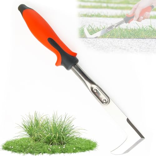 ZoneYan Desherbeur Manuel, Couteau Désherbeur, Grattoir de Jardin à Gazon à Manche en Bois en Acier Inoxydable, Désherbeur de Type Faucille pour Éliminer Les Mauvaises Herbes et La Mousse