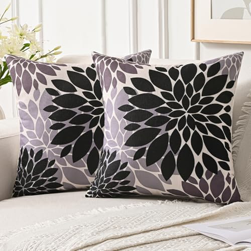 Jayusaror Kissenbezug 50x50 cm Schwarz und Grau Dahlien Sommer Sofakissen Herbst Deko Kissen Bezug Blumen Outdoor Kissenhülle für Couch Sofa Wohnzimmer Kissenbezüge, 2er Set
