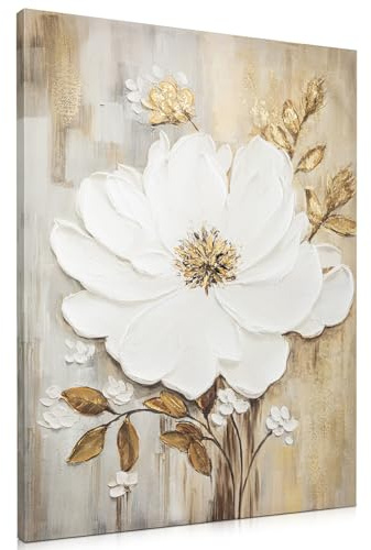 Hollyone Blumen Leinwandbilder Groß 75x100 cm Ölgemälde Blumen Wandkunst Gemälde Wohnzimmer Modern Wandbilder Schlafzimmer Handgemalt Weiß Magnolie Gemälde Leinwand für Hotel Küche Büro Wanddeko