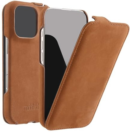 Mobiskin Hülle passend für iPhone 16 PRO (6,3 Zoll), Handyhülle mit echtem Leder, Flip Case kompatibel mit MagSafe, Schutzhülle, Handy-Tasche, Slim Cover, dünn, Braun Vintage