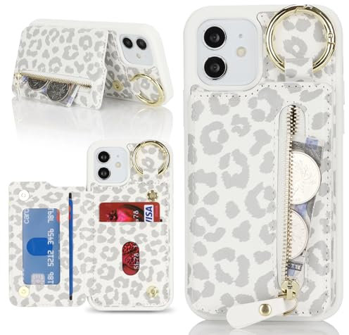 Ｈａｖａｙａ für iPhone 12 Hülle mit Kartenhalter Handyhülle für iPhone 12 Pro mit Schlüsselanhänger Hülle geldbörse Reißverschluss für Herren und Damen - Weißer Leopardendruck