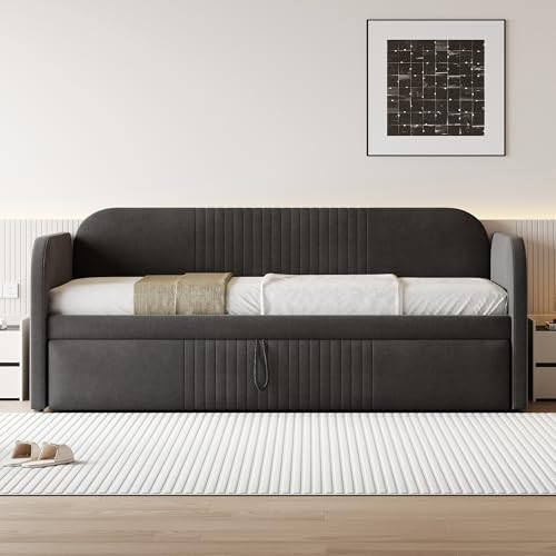Moimhear Polsterbett Ausziehbares Schlafsofa, mit vertikalen Streifen, mit Lattenrost, komfortabler und atmungsaktiver Leinenstoff (Matratze Nicht enthalten) (Dunkelgrau)