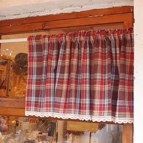 Ricemru Scheibengardine Rot Kariert Landhaus Vintage mit Häkelborte Kurzstores Gardinen Blickdicht Kurz Küche Kurzgardinen Kurzvorhang Kleinfenster Café Bistro,140x40
