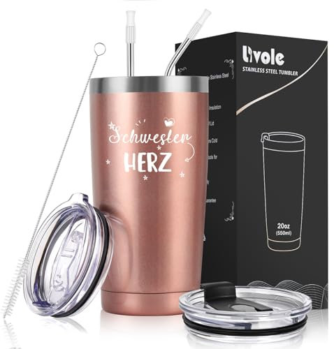 Livole Schwester Herz - Geschenk für Frauen, Weihnachten und Geburtstag - 20oz Vakuum Kaffeebecher Thermo