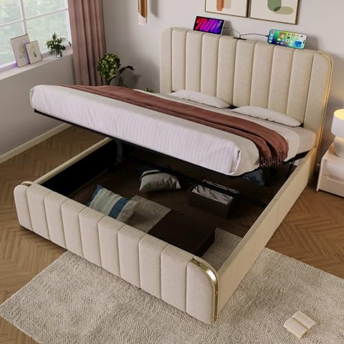 KOMHTOM Double Rembourré Lit Coffre avec Fonction de Chargement USB Type-C, Cadre de Lit avec Tête de lit et Bandes Décoratives Dorées(sans Matelas) (160x200 cm)
