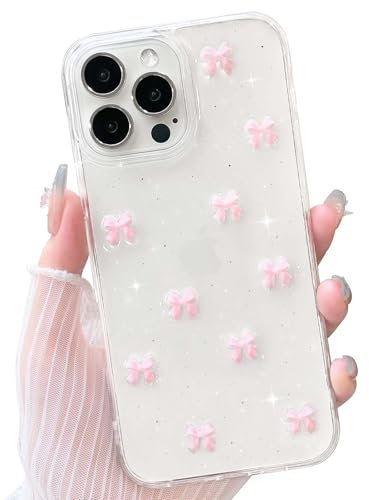 NITITOP Compatible with iPhone 16 Pro Max Case Clear Cute Sparkly 3D Bow Bling Glitter Bowknot for Women Girls Ultra Slim Anti-Yellow Protective Phone Cover - Pink Bow