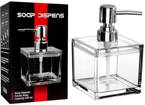 Seifenspender aus transparentem Acryl, mit Pumpe, nachfüllbarer Flüssigseifenspender für Bad und Küche, modernes Design, quadratische Form, 284 ml