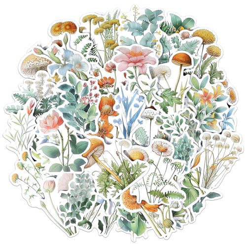 Sticker Blumen Vintage,100 Stück Sticker Pflanzen Scrapbooking Botanische Aufkleber Boho Pflanzen Sticker Natur Pflanzen Blumeaufkleber Wasserdicht für die Dekoration Scrapbook,Fotoalbum,Laptop,Gepäck