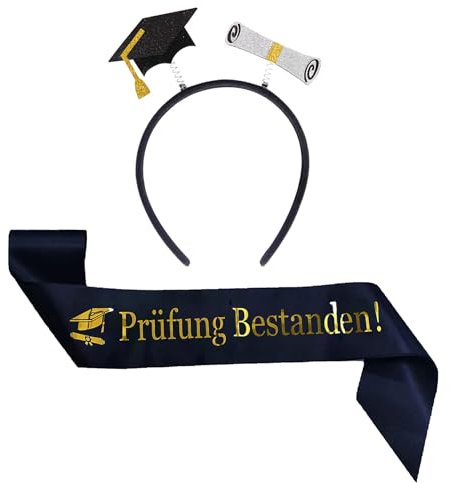 Prüfung Bestanden Schärpe Abschluss Schärpe Haarreif mit Absolventenhut Abschluss Geschenk Schwarz Gold Graduation 2025 Deko Abitur Schärpe für Abschlussfeiern Abschluss Abitur Graduation Party Deko
