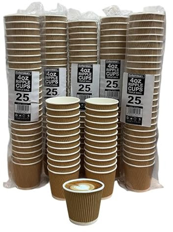 Maxland 4oz Ounce Kraft Ripple 3 Ply Disposable Insulated Paper Cups for Tea Coffee Cappuccino Hot Drinks, Brown No Lids Ideal for Takeaways (100)