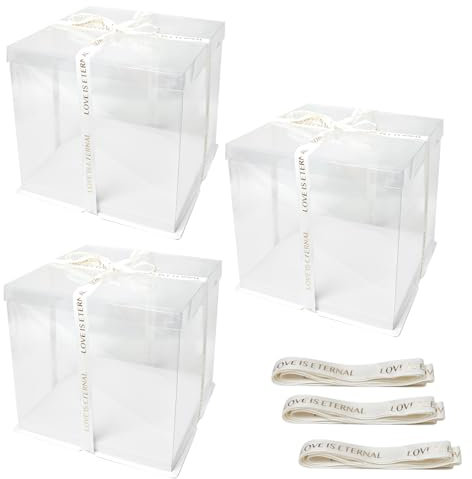 3 Stück Geschenkbox Durchsichtig Tortenschachtel Tortenbox 26*26*24cm,transparente Kuchen Transportbox,Doppelschicht Tortenschachtel mit Deckel,mit Sockel und Band für Geburtstag Dessert 8 Inch