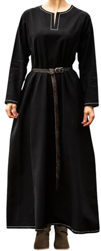 Leonardo Carbone® Damen Kleid Wikinger Unterkleid Helga | Aufwendige Stickereien | Fließende Silhouette | Karneval, Halloween, Cosplay, LARP, Mittelalter, Wikinger | 100% Baumwolle Schwarz S