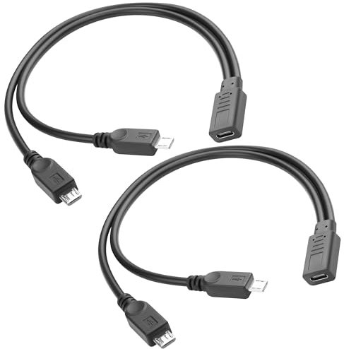QIANRENON USB C a 2 Micro USB 1 en 2 Splitter Cable de carga corto 5 V 3 A USB tipo C hembra a doble micro USB macho en forma de Y cable extensor, no puede transferir datos, 30 cm/11,8 pulgadas, 2