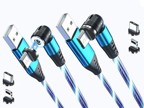 REFLEX POWER 2 Pack 1M 3-in-1 540° Rotate - Luminous Magnetic USB Charging Cable for iPhone/iPad, Micro USB, Type-C, 2.4A Fast Charge, Durable TPE, 360°/180° Rotating Magnetic Design - Blue LED Glow