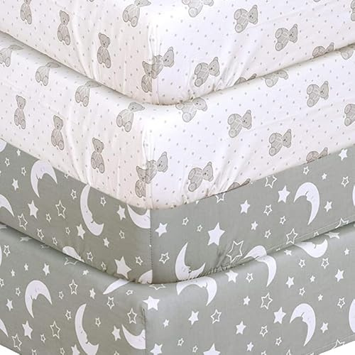 DTEX HOMES 4 x Cot Bed Fitted Sheets 100% Cotton 200 Thread Count Luxury Cot Sheets, Cot Bed 70 x 140 CM -Teddy-Sleeping Moon
