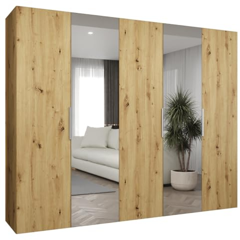 MEBLE KRYSPOL - Kleiderschrank mit Spiegel - Drehtürenschrank - Schrank 250x202x52cm - Garderobenschrank Schlafzimmer, Flur, Jugendzimmer - Farbe Artisan Eiche, Griff Kaschmir - Marbella 2 250