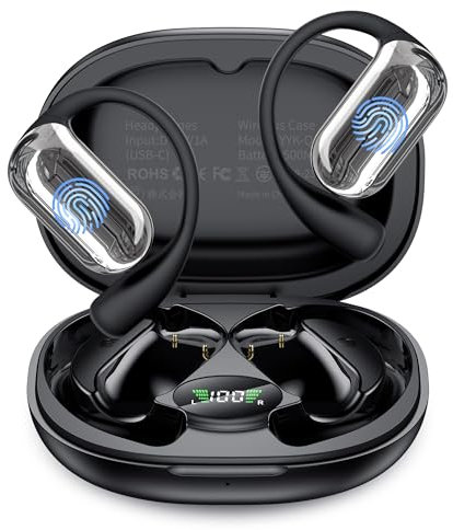 Sport Cuffie Bluetooth - 2025 Clip Auricolari Bluetooth 5.4 con 4 HD ENC Cancellazione Rumore Mics, 50 Ore HiFi Stereo Cuffie Wireless con LED Display USB-C, IP7 Impermeabili per Sport - Nero