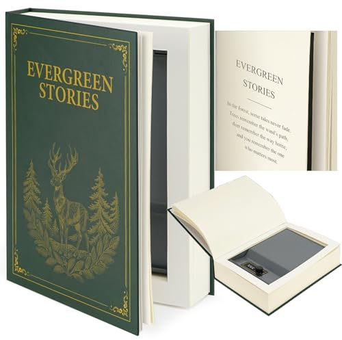 Large Decorative Book Safe with Combination Lock, 10.82×7.67×1.77 Hidden Storage Diversion Box for Cash, Phone, Passport, Valuables – Home Office Bookshelf, Evergreen Stories