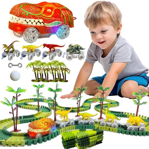 YOUYIKE Dinosaurier Spielzeug Autorennbahn, 195 Stück DIY Flexible Rennbahn Bausteine Set & Leuchtend Dino Cars für Spielzeug ab 3 4 5 6 7 8 9 10 Jahre Geburtstag Party Geschenk