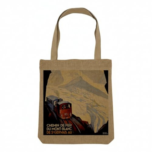 Sac Shopping Tote Bag Aspect Lin - Train Mont Blanc Montagnes Affiche Poster Vintage Tourisme Art Deco - Sac de Courses Toile Epaisse 360g Beige Naturel Cabas Porté Epaule Solide Imprimé en France