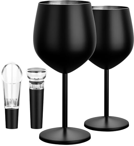 BCMCZCDC Lot de 2 verres à vin en acier inoxydable - Capacité en métal de 18 oz avec décanteur et bouchon - Noir - Verres à vin en acier inoxydable - Portables et incassables - Avec pied - Pour la