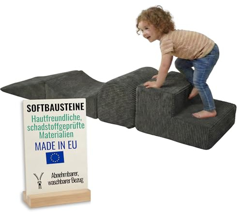 Pillows24 – Schaumstoff Bausteine Kinder aus Cord | 4-teiliges Softbausteine Set zum Spielen & Klettern Baby | Schaumstoffbausteine XXL für Motorik & Bewegung | Graphit