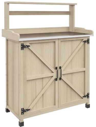 Outsunny Pflanztisch, Outdoor Holz-Pflanztisch mit 2 Regalen, Natur | Gartenarbeitstisch, Aufbewahrungsschrank, galvanisierte Tischplatte, Hinterhof, Balkon