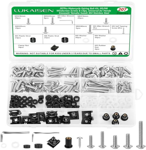 LuKaiSen 207 Pcs Kit Vis Carénage Moto Inox 304 M5 M6 pour Ninja CBR GSXR | Assortiment Boulons de Carrosserie Universel M5 M6 avec Écrous en Caoutchouc pour Bulle Ninja CBR GSXR YZF R6