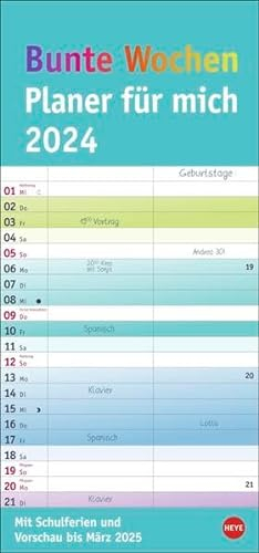 Bunte Wochen Planer für mich 2024. Praktischer Wandplaner mit 2 Spalten. Wandkalender mit Schulferien und 3-Monats-Ausblick. Terminkalender 2024 zum Eintragen.